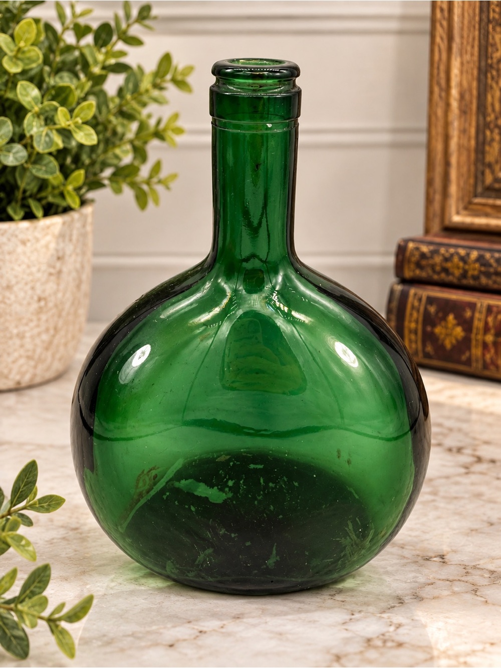 Green Glass Bottle Decorative Vase Farmhouse Cottagecore Style Decor Vintage